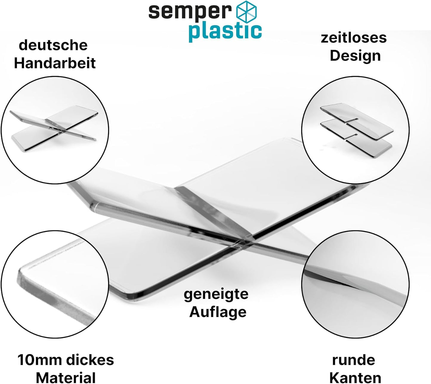 Semper Plastic Acryl Buchständer – Dekorativer aus bruchsicherem Acryl – Leseständer Kochbuchhalter grau zum Lesen und Präsentieren (Schräg)