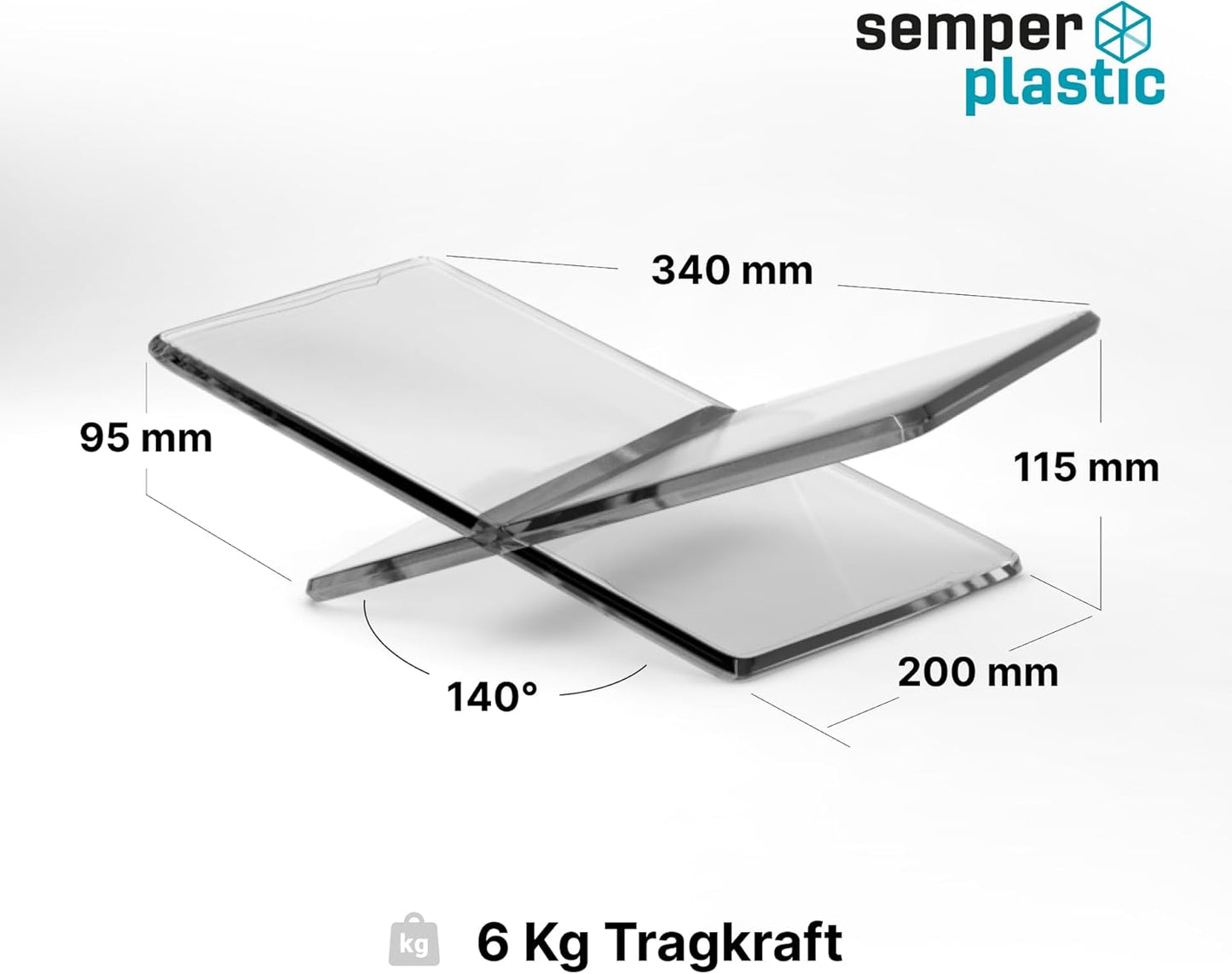 Semper Plastic Acryl Buchständer – Dekorativer aus bruchsicherem Acryl – Leseständer Kochbuchhalter grau zum Lesen und Präsentieren (Schräg)