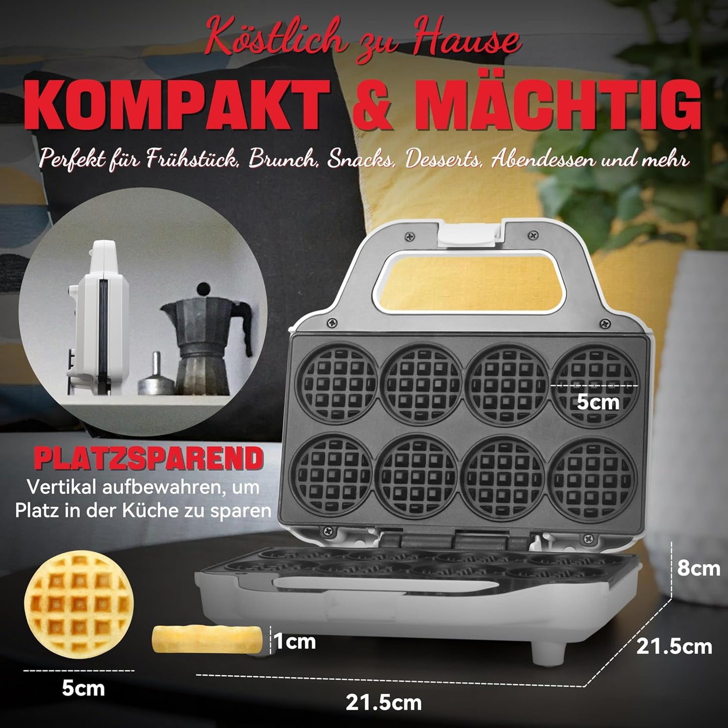 SugarWhisk Mini-Waffelmaschine, Waffeleisen für Kinder, backt 8 x 5cm winzige Waffeln weiß