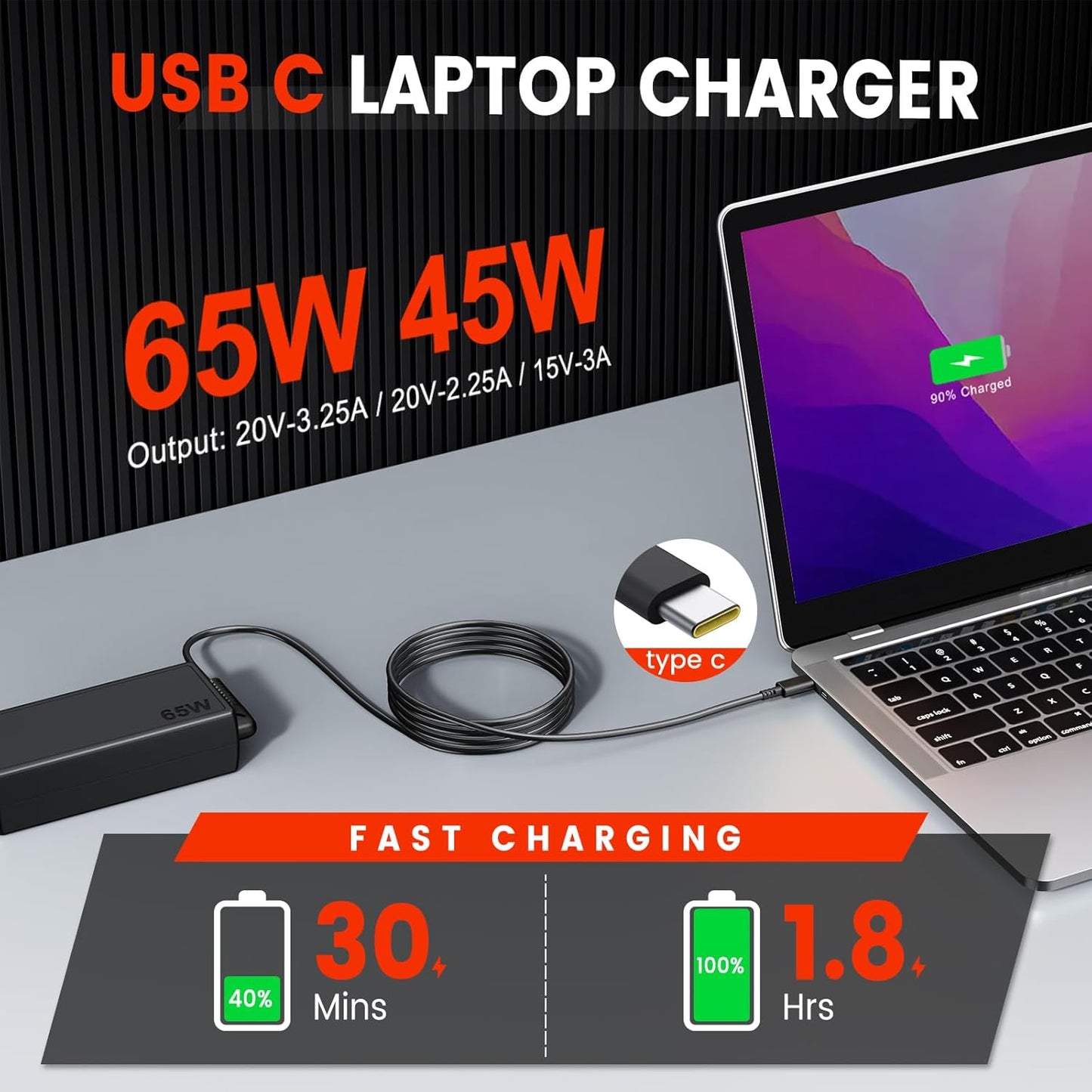 Sheivulo 65 W 45 W USB C Ladegerät für Lenovo ThinkPad Yoga HP Chromebook Netzteil für Dell Latitude