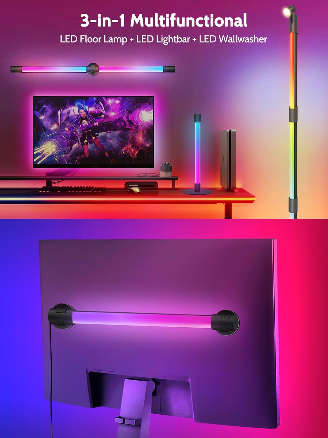SIGRILL RGB Stehlampe DimmbarLED Lightbar Wallwasher mit Fernbedienung und APP