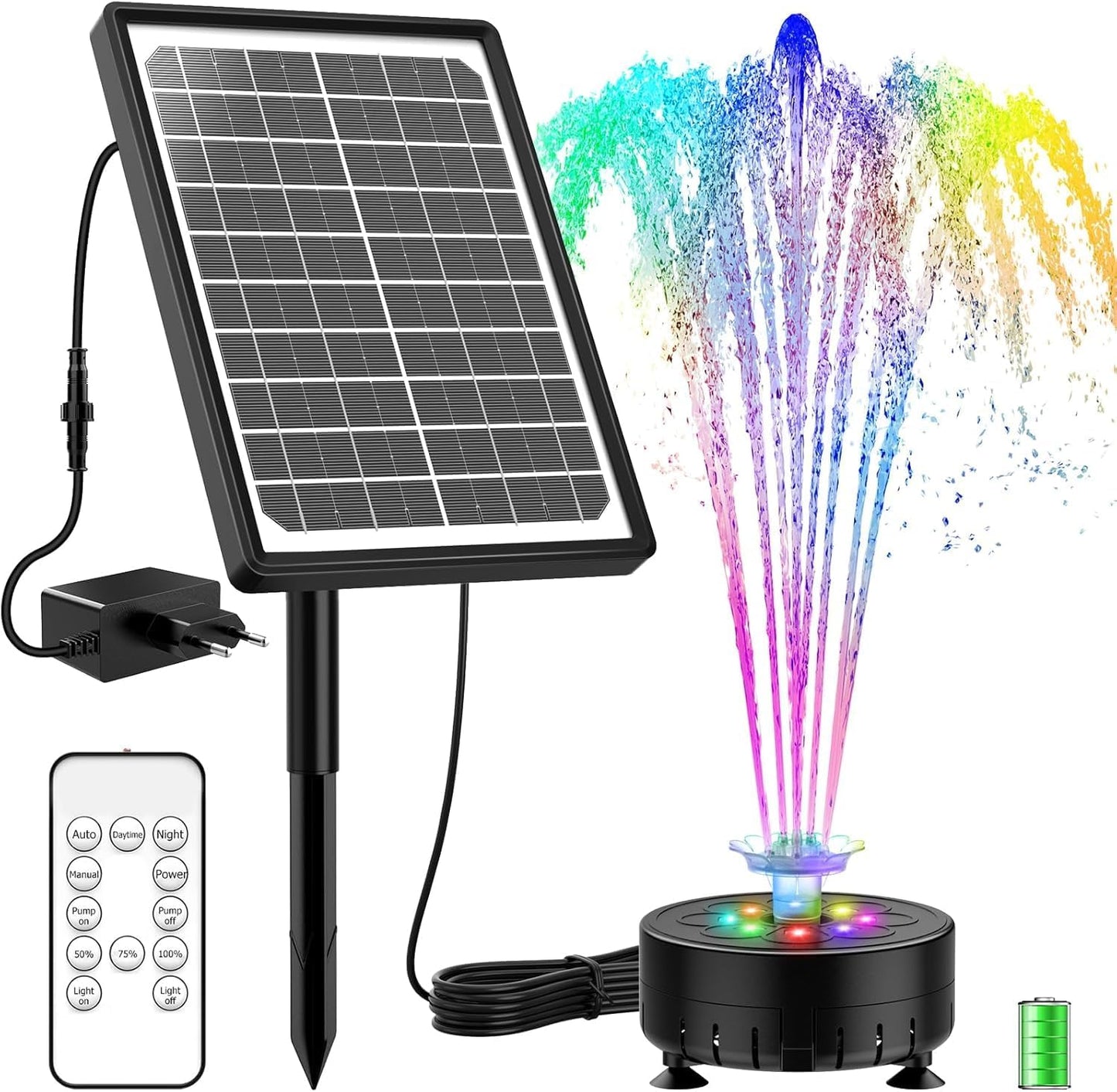 10W Multicolor LED Solar Springbrunnen mit Akku, Fernbedienung DIY Solar