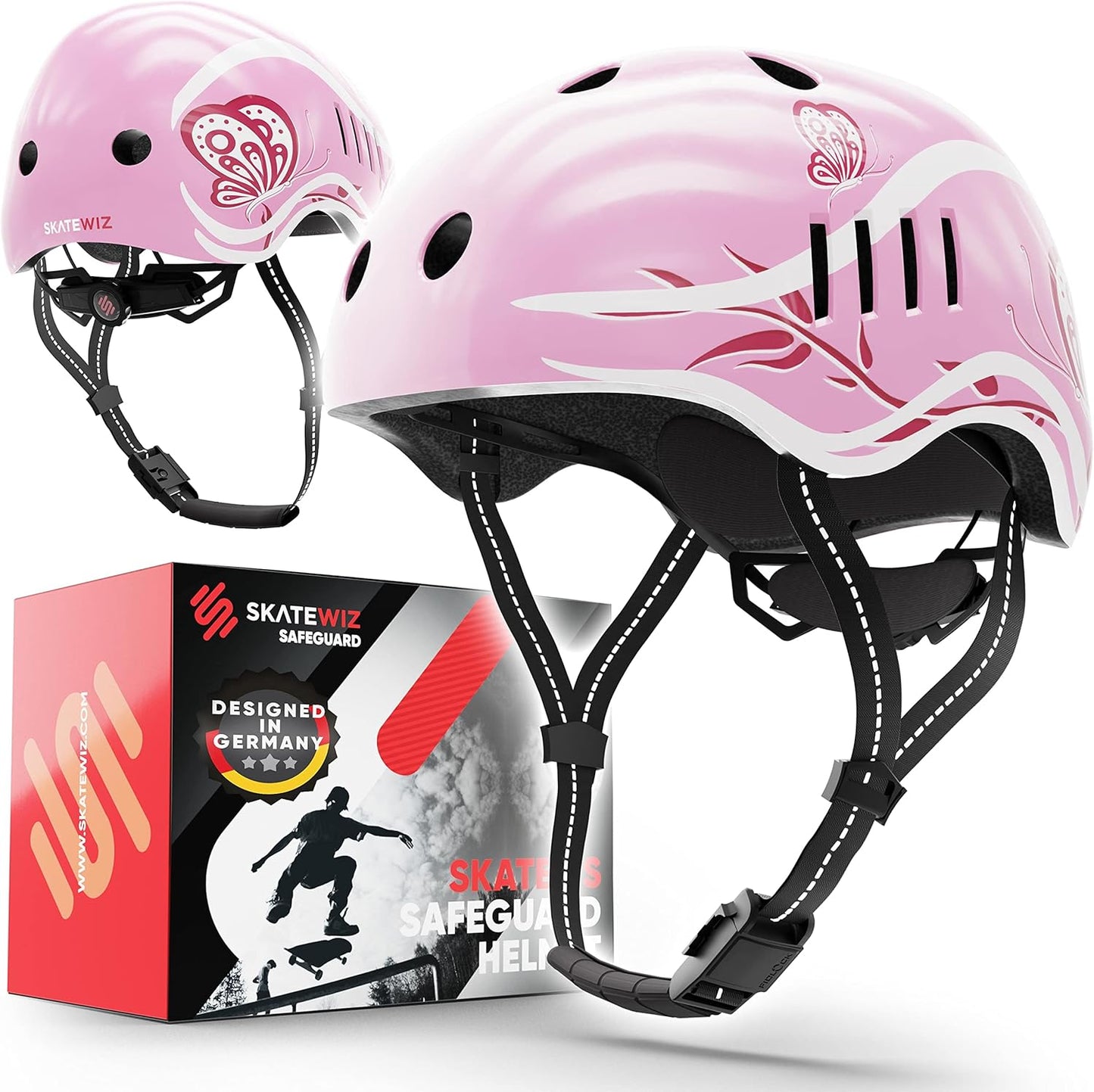 SKATEWIZ Casque de patinage pour enfants et jeunes - Extrêmement léger - FIDLOCK Magnetschnalle - Taille S - 49-53 cm; Rose