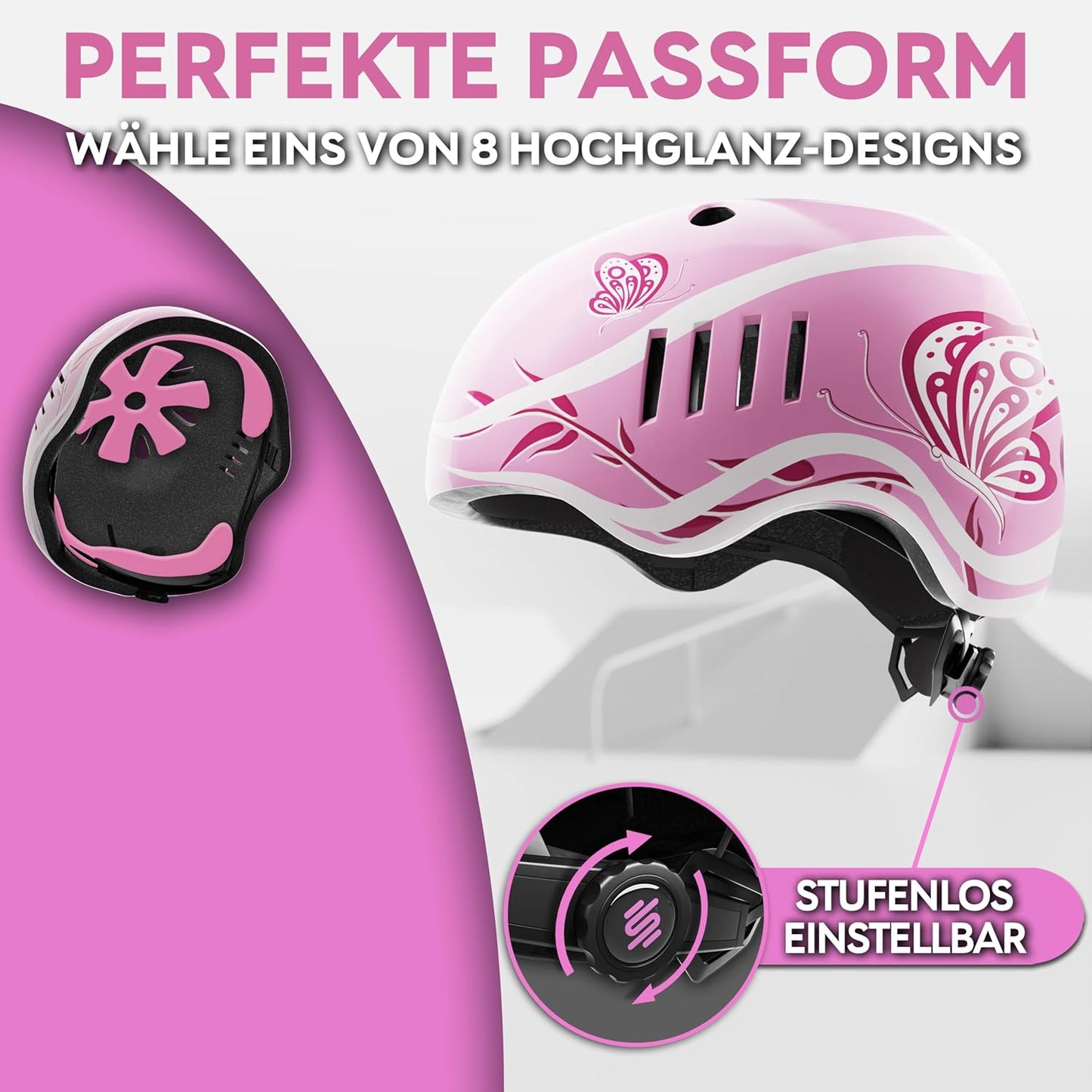 SKATEWIZ Casque de patinage pour enfants et jeunes - Extrêmement léger - FIDLOCK Magnetschnalle - Taille S - 49-53 cm; Rose