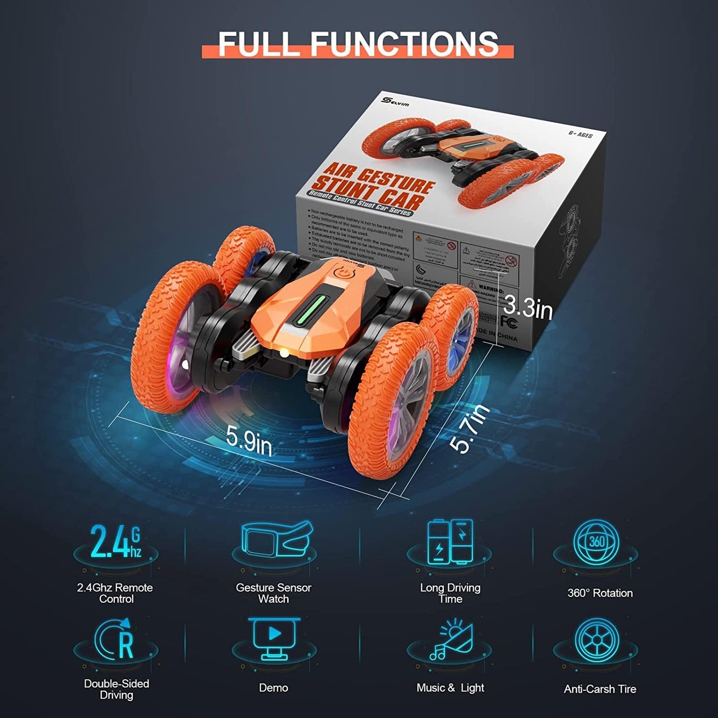 Selvim Stunt-Auto Ferngesteuertes mit Fernbedienung, 360°-Drehung, 2,4 GHz,