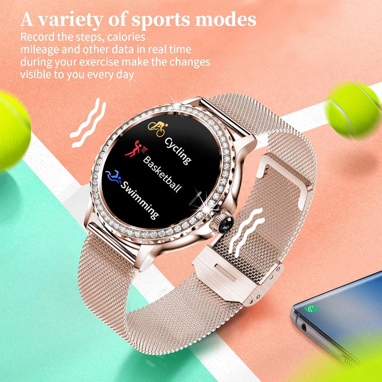 Fitonus NX19 Smartwatch für Damen, Bluetooth-Sport-Smartwatch mit 1,3 Zoll HD-Farb-Touchscreen (Rosegold)