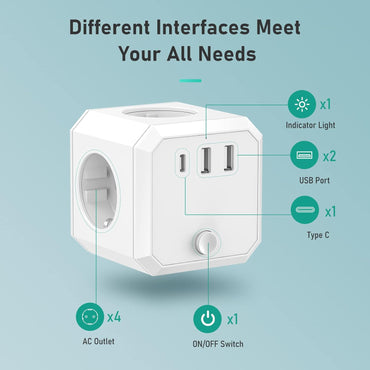 USB-Steckdose, 7-in-1-Steckdosenwürfel,Ladegerät mit 4 Steckdosen + 2.0 USB + 1 Typ-C