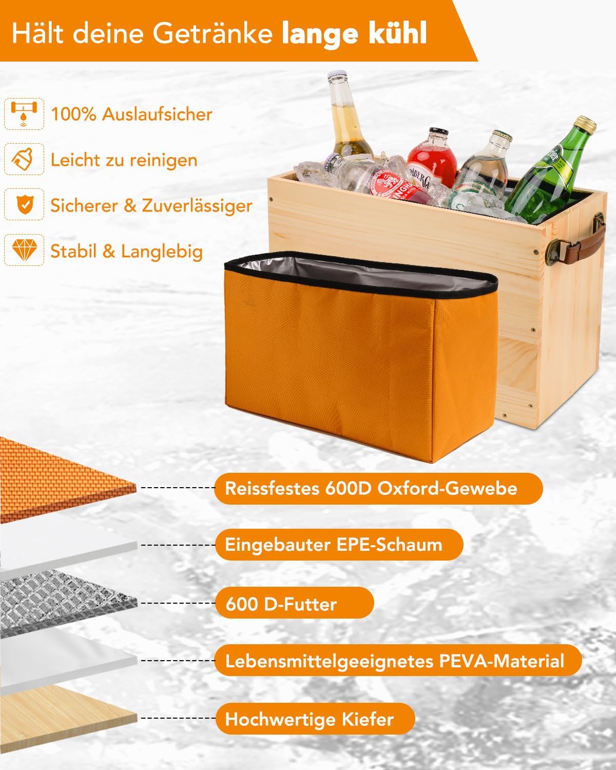 Southagte 20L Sektkühler Holz, XXL Getränkekühler mit Leder Griff, Großer Eiskübel Wasserdicht,