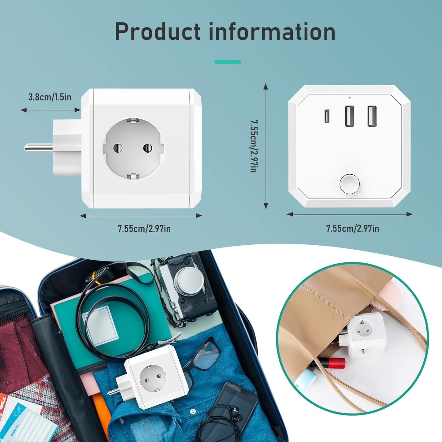 USB-Steckdose, 7-in-1-Steckdosenwürfel,Ladegerät mit 4 Steckdosen + 2.0 USB + 1 Typ-C