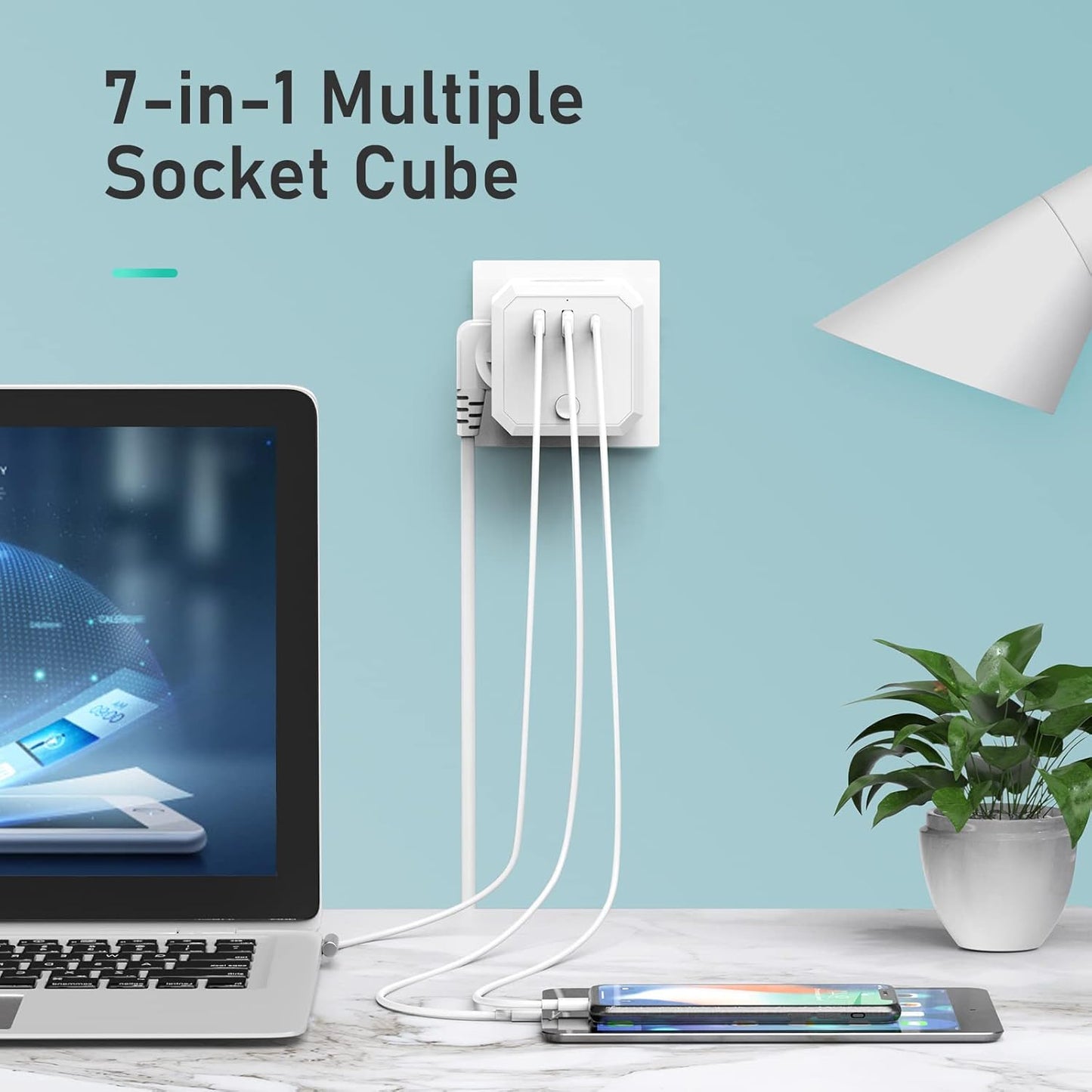 USB-Steckdose, 7-in-1-Steckdosenwürfel,Ladegerät mit 4 Steckdosen + 2.0 USB + 1 Typ-C