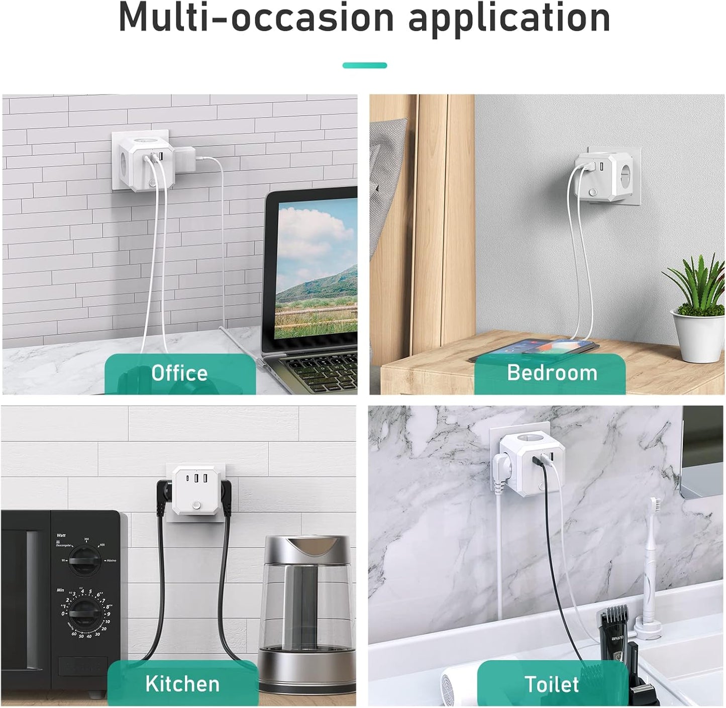 USB-Steckdose, 7-in-1-Steckdosenwürfel,Ladegerät mit 4 Steckdosen + 2.0 USB + 1 Typ-C