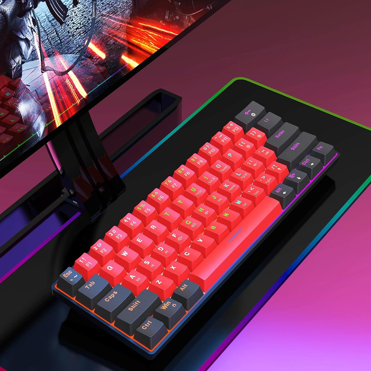 Snpurdiri 60% kabelgebundene mechanische Tastatur mit 61 roten Schaltertasten(schwarz-rot)