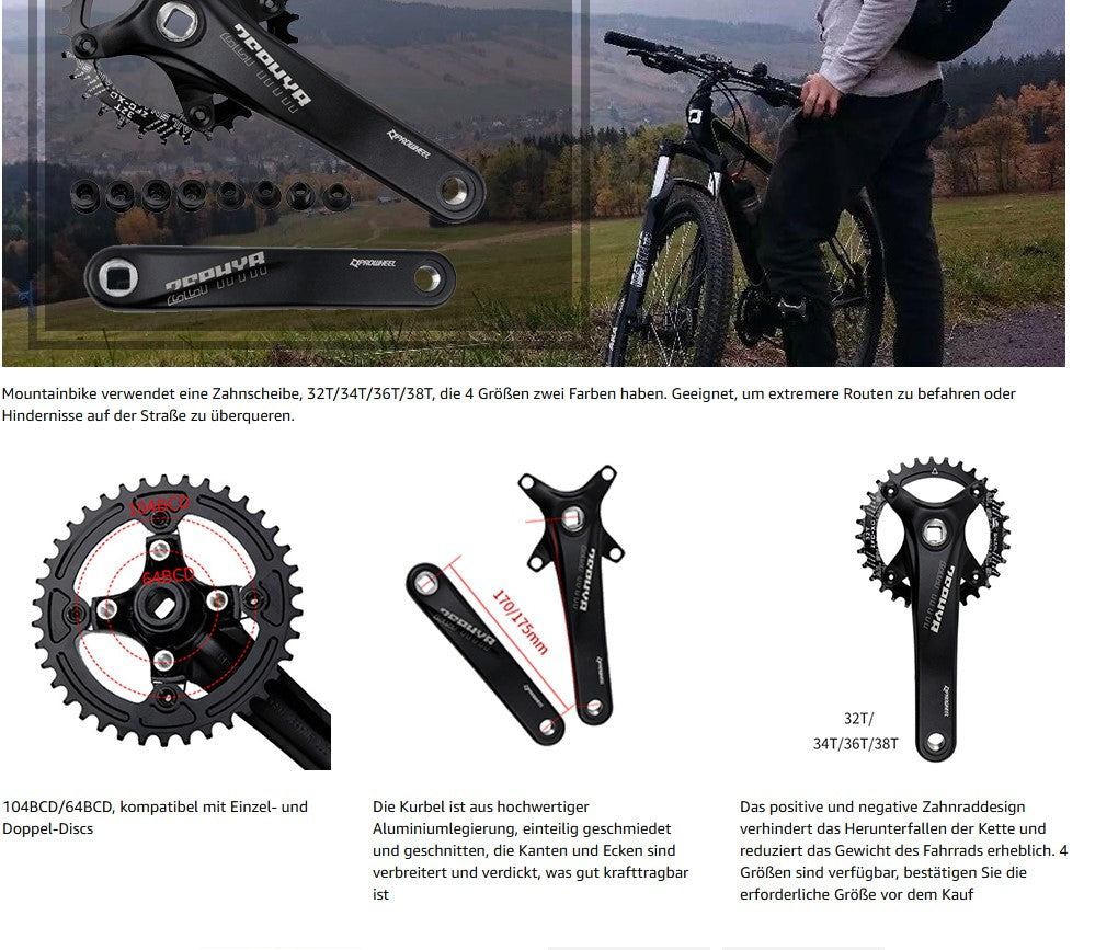 splumzer Mountainbike 170 mm Quadratische Kurbelgarnitur mit 104 BCD 32/34/36/38T Kettenblatt, Aluminiumlegierung MTB Kurbel Schmal Breit CNC Runde Kettenblattschrauben (Nur Kurbelgarnitur)