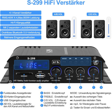S-299 4.1-Kanal HiFi Verstärker, RMS 40Wx4+50W Bluetooth Mini Audio Verstärker Max. 800W Leistung