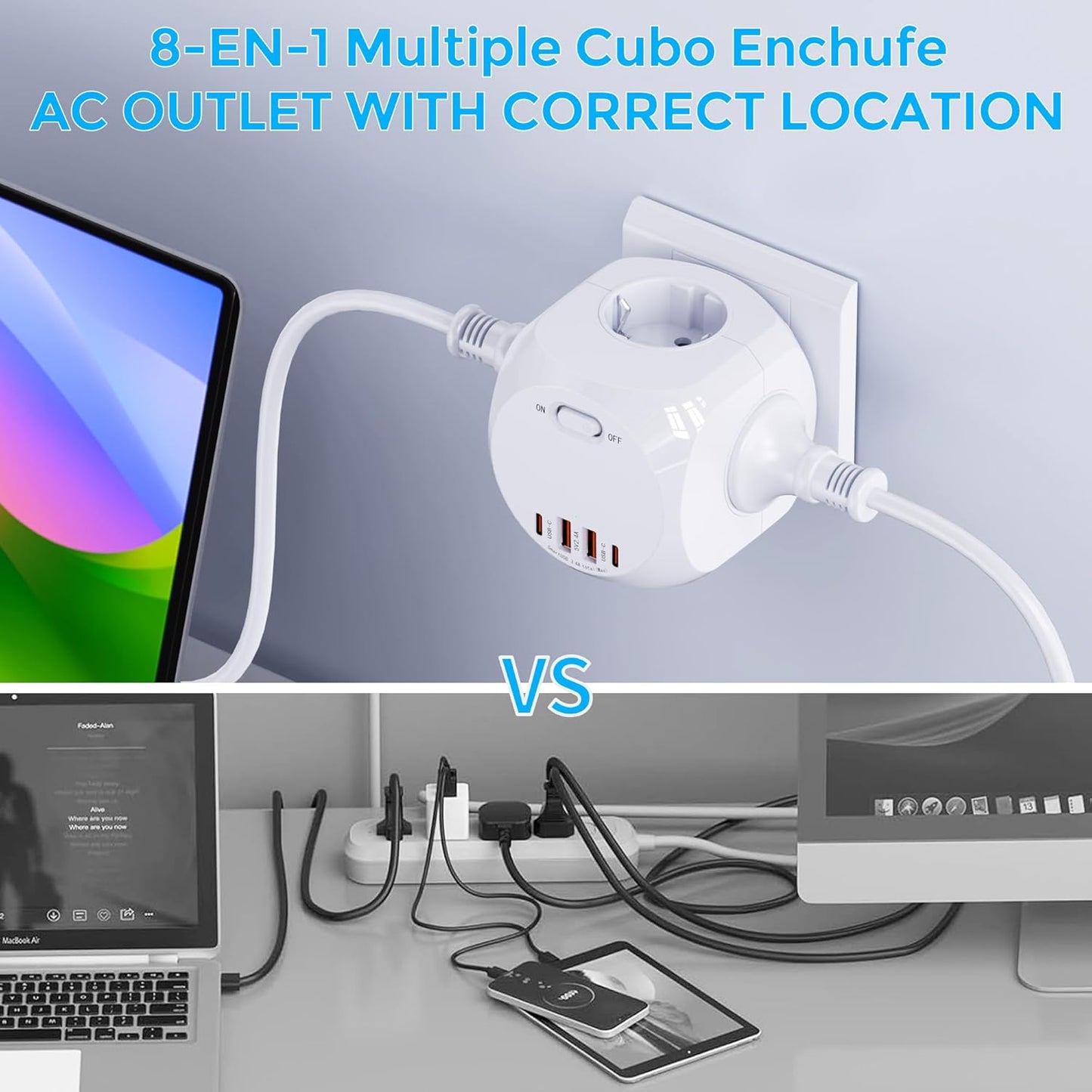 8-in-1 Steckdosenleiste, Mehrfachsteckdose mit USB, 4 Steckdosen, 2 USB A, 2 USB C,(Weiß)