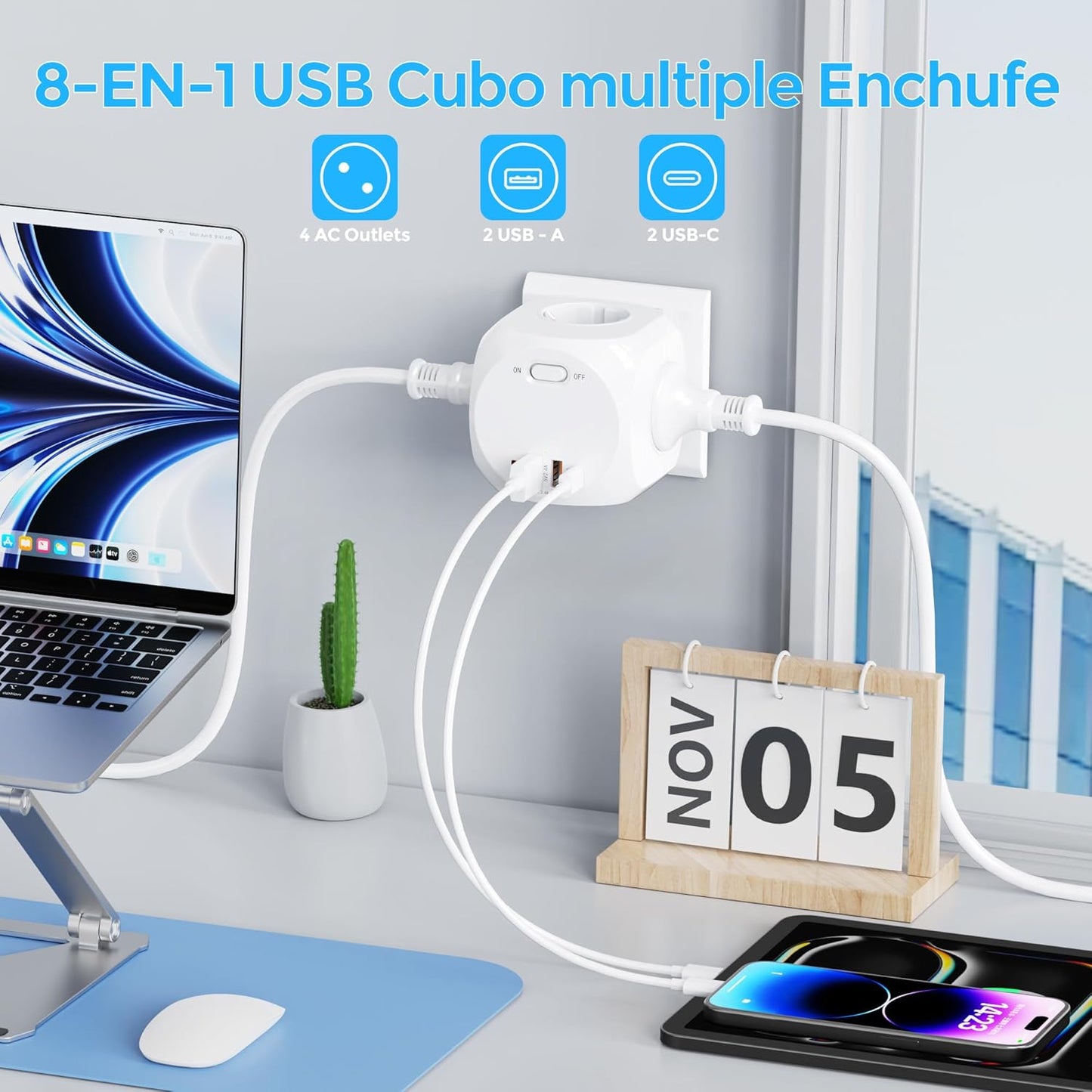 8-in-1 Steckdosenleiste, Mehrfachsteckdose mit USB, 4 Steckdosen, 2 USB A, 2 USB C,(Weiß)