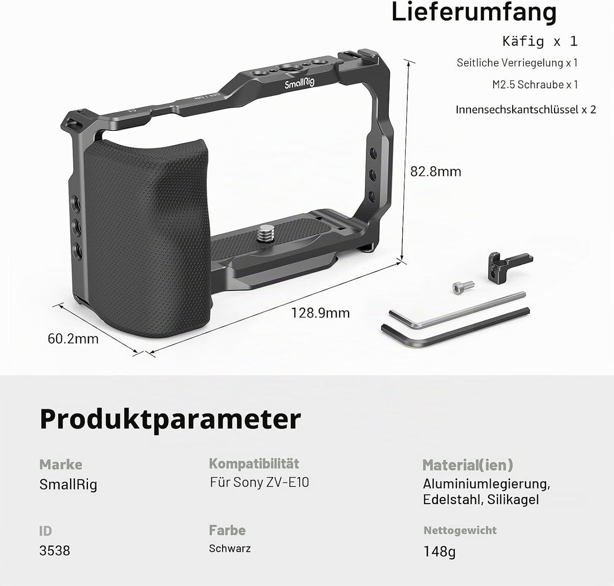 SMALLRIG ZV-E10 Käfig mit Griff und integrierter Schnellwechselplatte für Arca Swiss