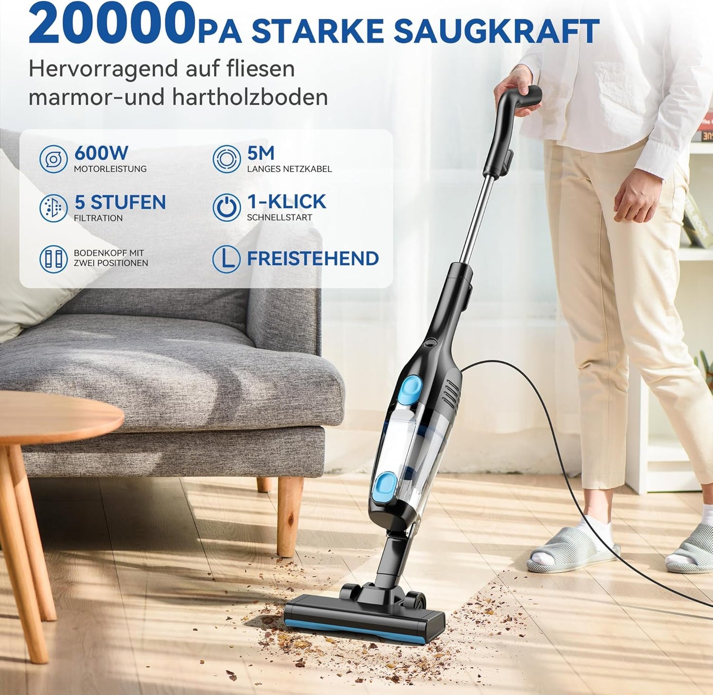 Staubsauger, Stielstaubsauger mit Kabel Handstaubsauger 20Kpa 600W, 3 in 1