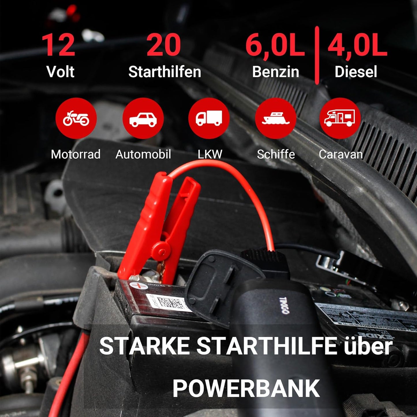 Starthilfe Powerbank avec Powerbank Jumpstarter, 12V-500A Spitzenstrom, 38,4Wh