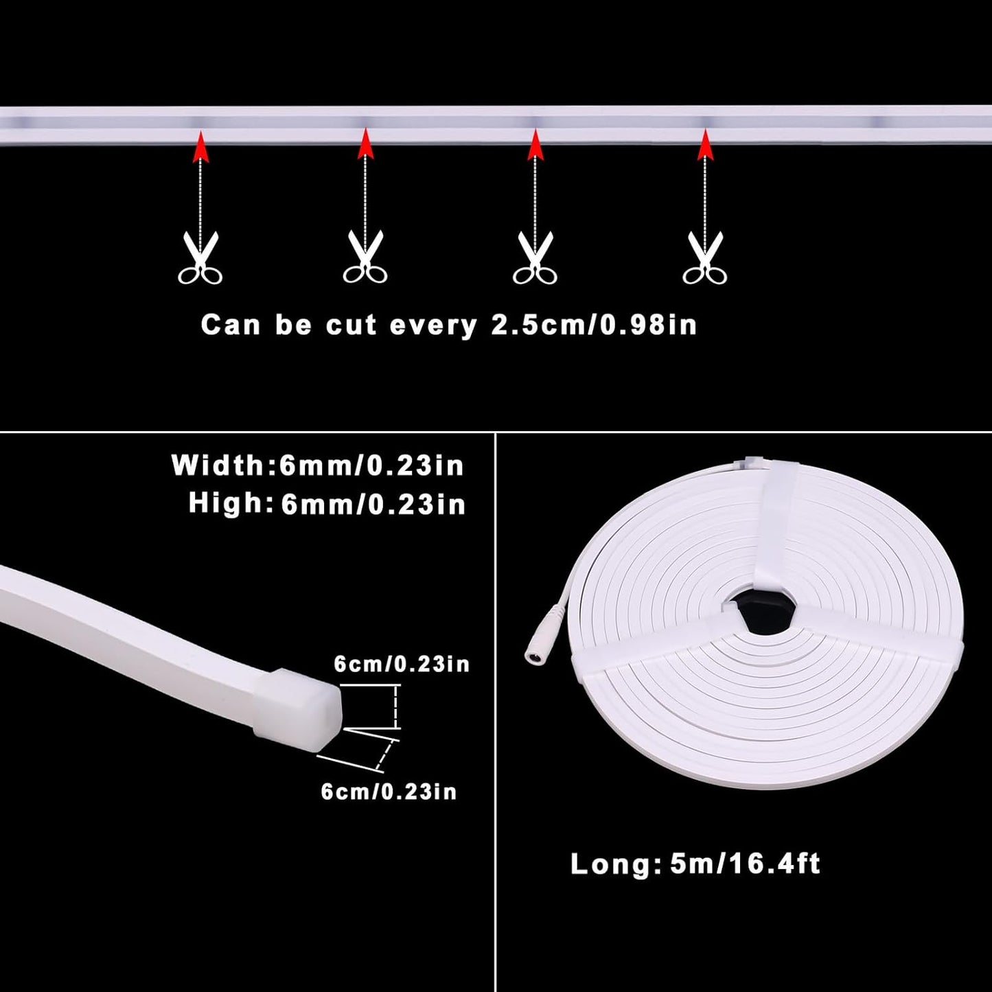 LED Streifen 5M 4000K Wasserdicht 24V Flexibel Neon LED Strip Schmal 6×6mm