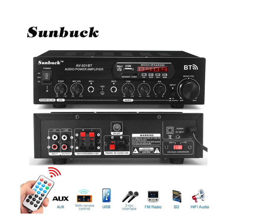 Sunbuck Heim Récepteur stéréo stéréo 1200 W Bluetooth Audio-Leistungsverstärker 110 V/220 V DC 12 V Entrée AUX USB SD 2 * Entrée microphone