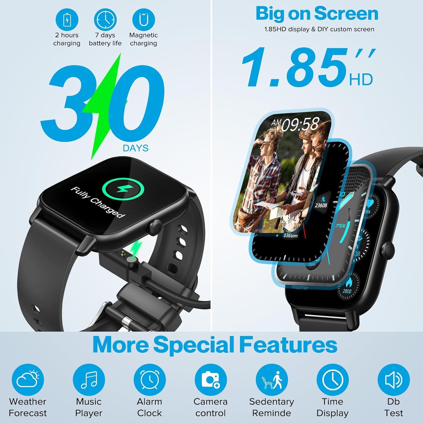 Montre intelligente Sudugo avec fonction téléphonique, écran tactile de 1,85 pouces, 112 modes sportifs, étanchéité IP68, avec moniteur de fréquence cardiaque Schrittzähler pour iOS/Android