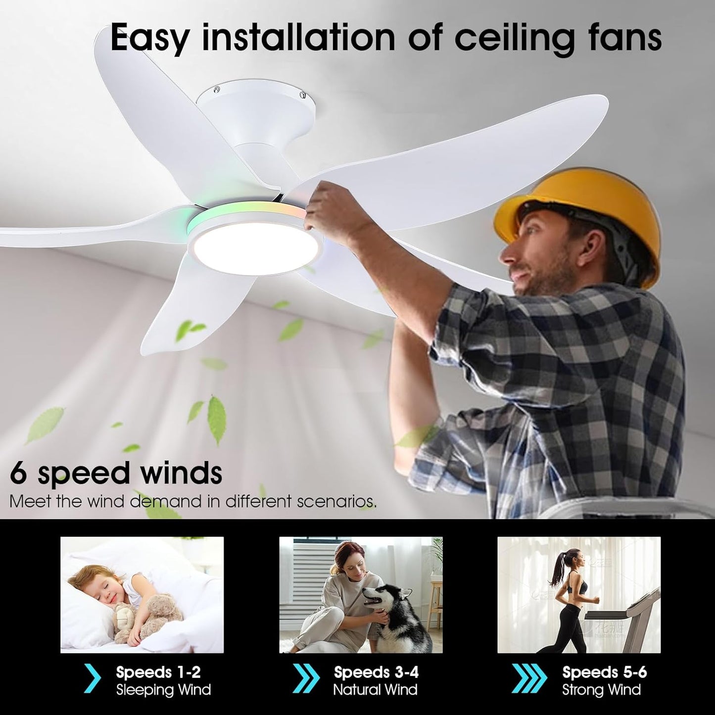 Surtime Deckenventilator mit Beleuchtung Leise, 117cm mit Licht und Fernbedienung