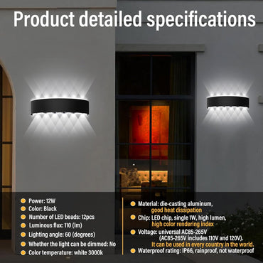 Swavitie Led Wandleuchte 12W 6500K Kaltes Weiß Up and Down Leuchten IP66 Schwarz