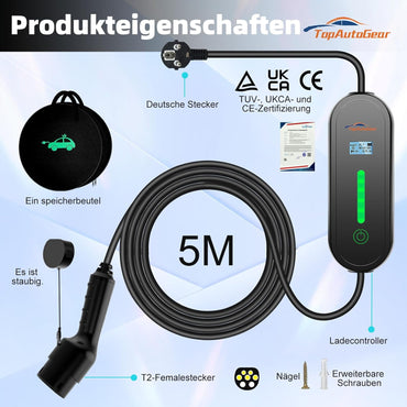TopAutoGear EV Ladegerät Typ 2 Anschluss Ladekabel 5m, 6/8/10/16A
