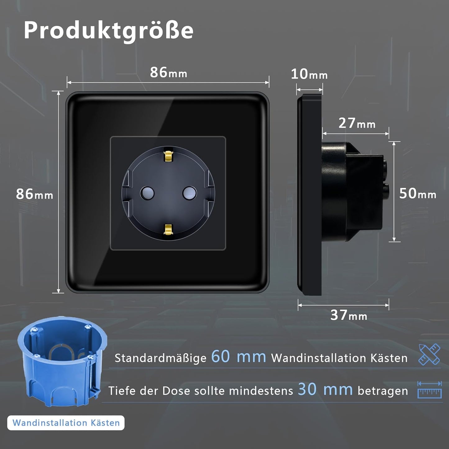 2 X TAWOIA Schuko Steckdose 1 Fach mit 2,5D Curved glas 2er-Pack schwarz