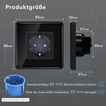 2 X TAWOIA Schuko Steckdose 1 Fach mit 2,5D Curved glas 2er-Pack schwarz