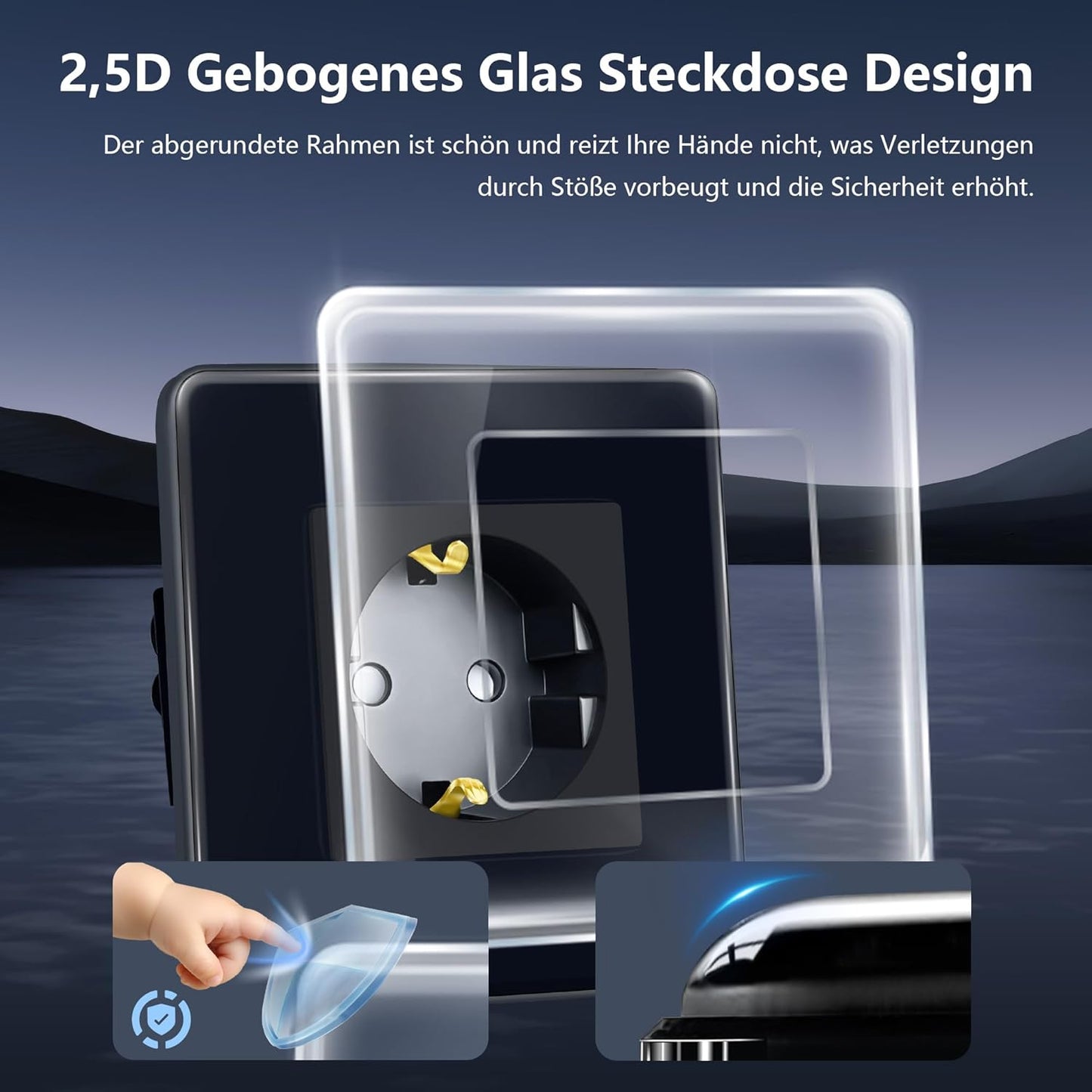 2 X TAWOIA Schuko Steckdose 1 Fach mit 2,5D Curved glas 2er-Pack schwarz