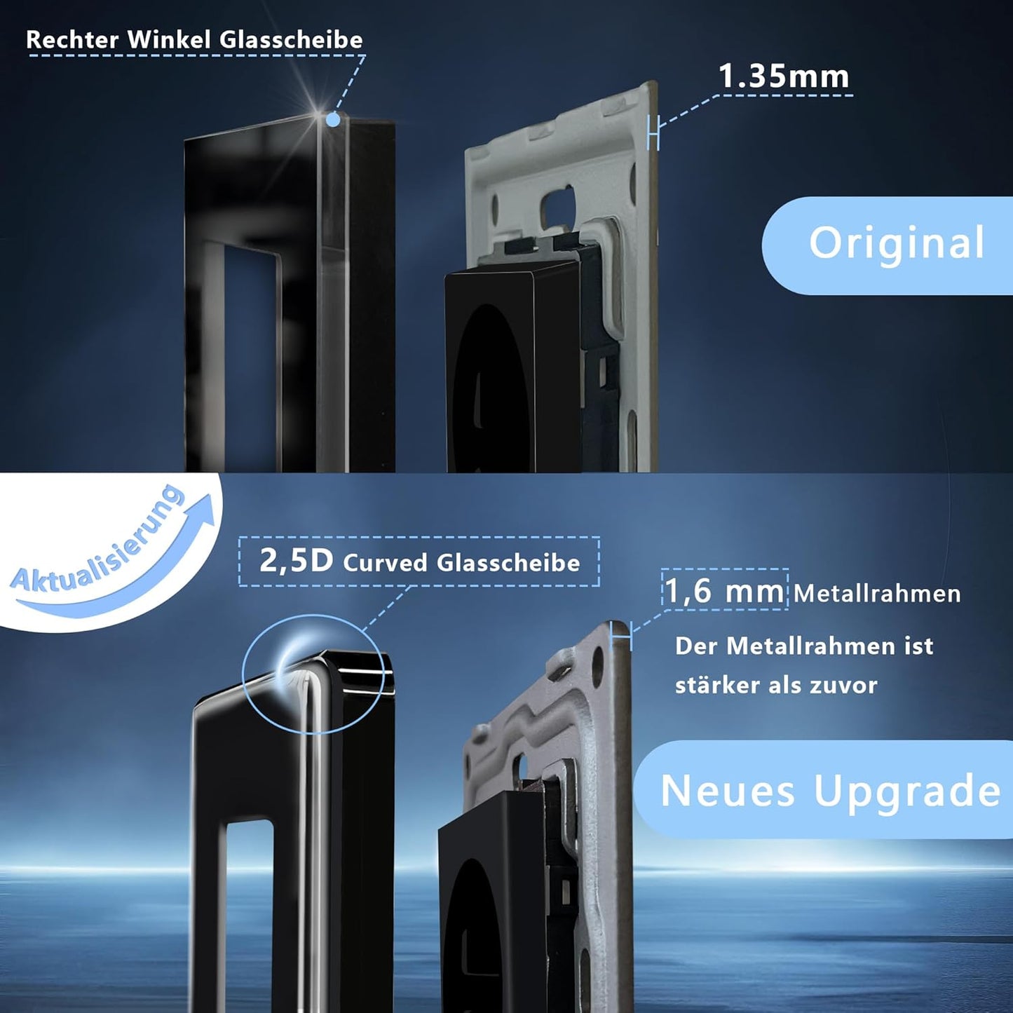 2 X TAWOIA Schuko Steckdose 1 Fach mit 2,5D Curved glas 2er-Pack schwarz