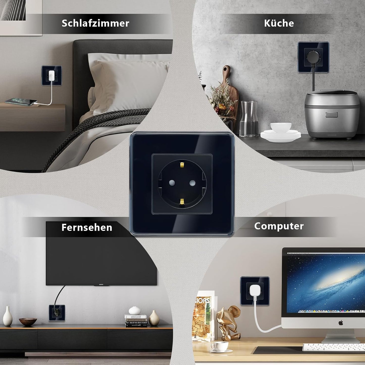 2 X TAWOIA Schuko Steckdose 1 Fach mit 2,5D Curved glas 2er-Pack schwarz