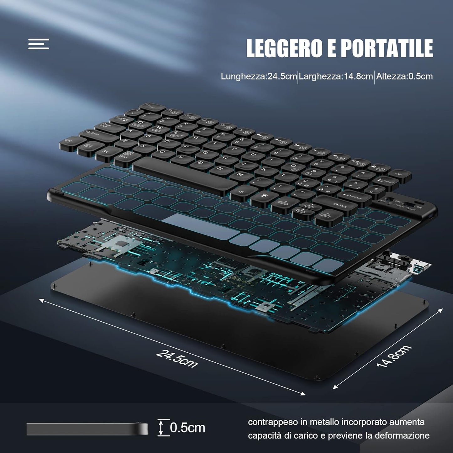 Tastatur Wireless Bluetooth italienisches Layout 25X18 cm für iPad, iPad Pro, iPad Air, Samsung, Mac, MacBook, Lenovo, Huawei Tablet,