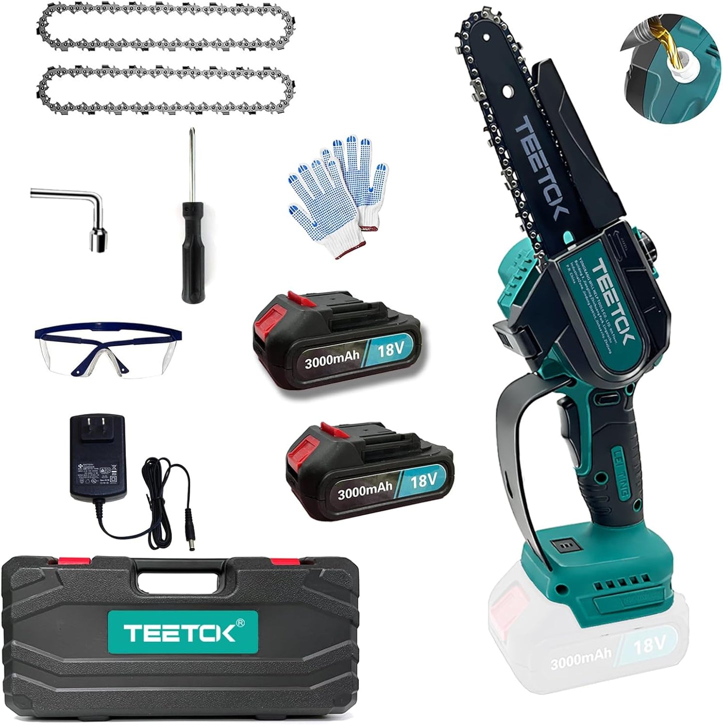 TEETOK 6 Zoll Akku Kettensäge Ersatz pour Makita DUC101Z Akku-Astsäge, Mini-Kettensäge Akku Kleine Tragbare Einhand-Kettensäge for Gartenarbeit, Holzschneiden und Beschneiden (2 * 3.0AH Akku)