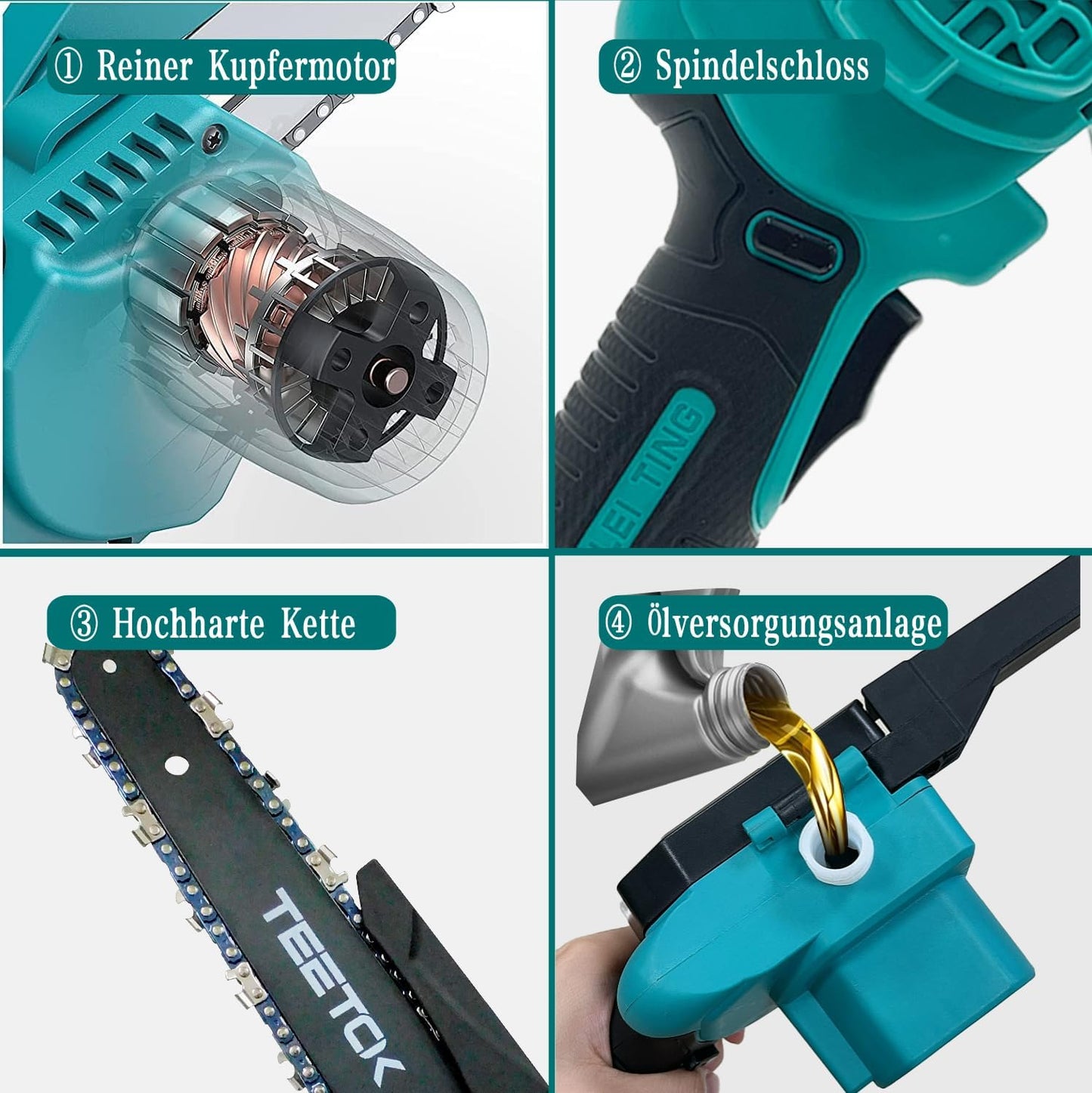 TEETOK 6 Zoll Akku Kettensäge Ersatz pour Makita DUC101Z Akku-Astsäge, Mini-Kettensäge Akku Kleine Tragbare Einhand-Kettensäge for Gartenarbeit, Holzschneiden und Beschneiden (2 * 3.0AH Akku)