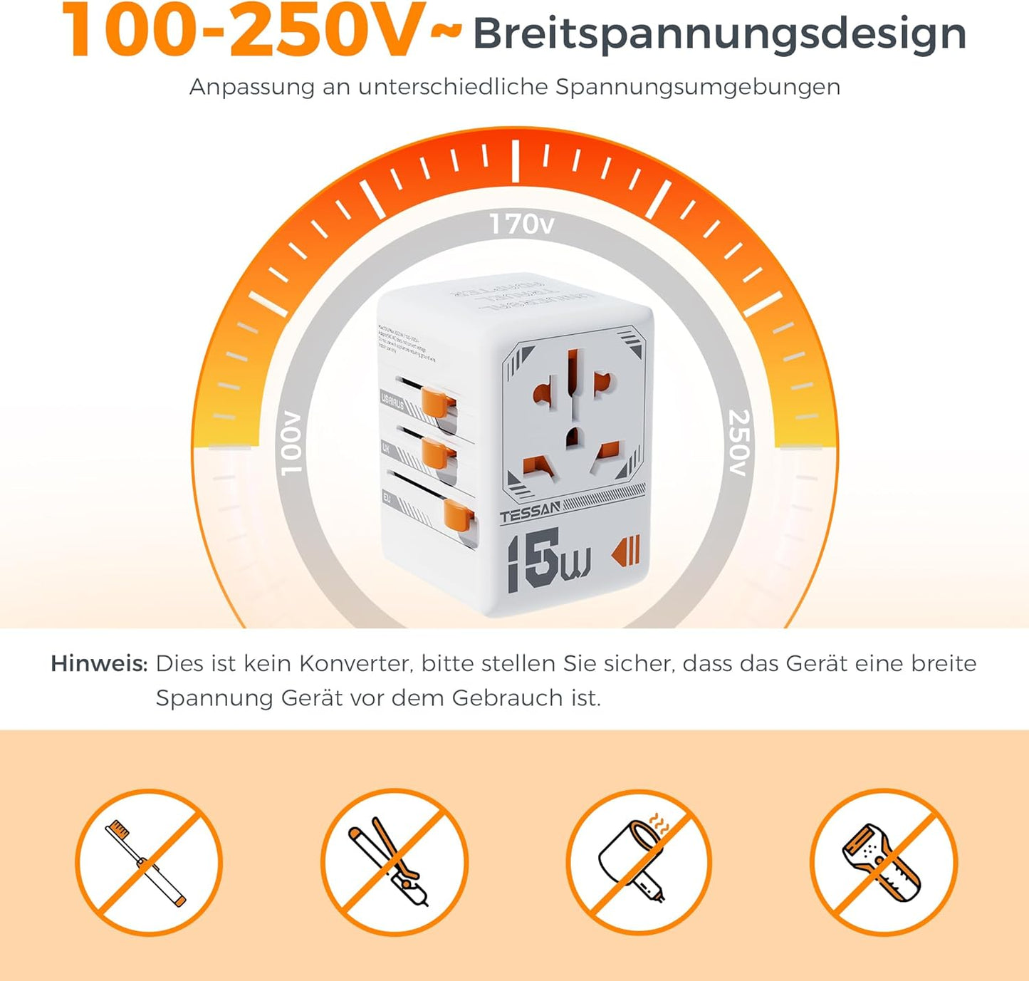 TESSAN Reiseadapter Weltweit, Universal Reisestecker mit 1 USB C und 2 USB A....