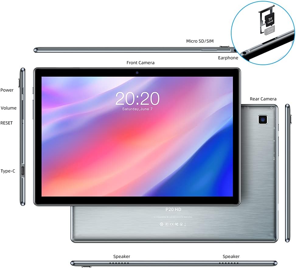 Tablette TECLAST P20HD 10,1 pouces Argent Android 10 4 Go + 64 Go Processeur A55 8 cœurs