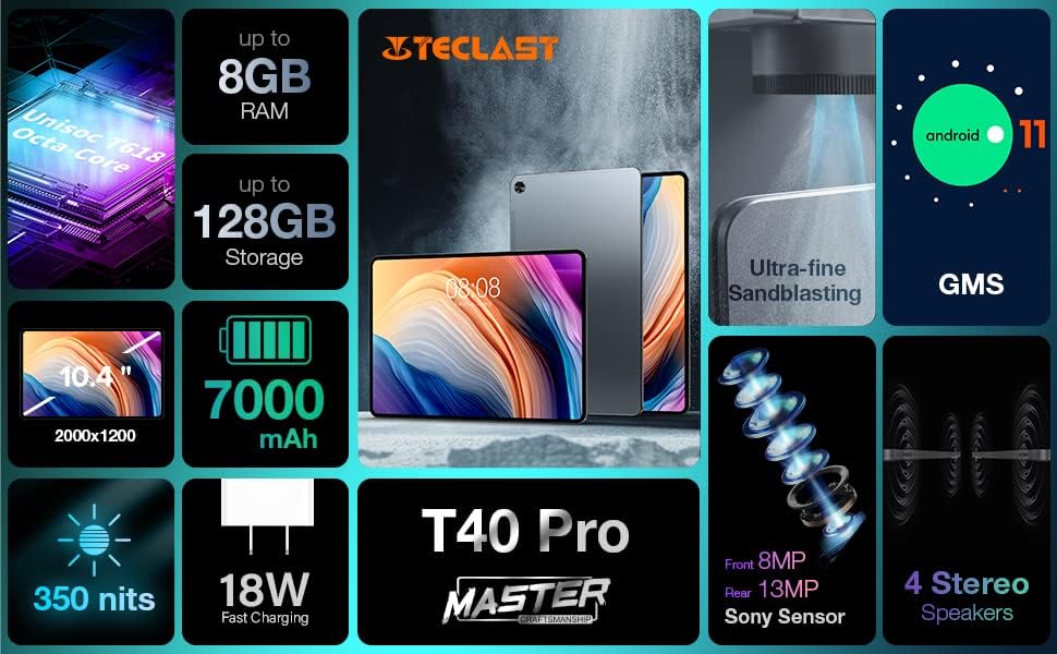 Tablette TECLAST T40 Pro Android 11, 10,4 pouces, 8 Go RAM + 128 Go ROM, Octa-Core 2 GHz Double SIM