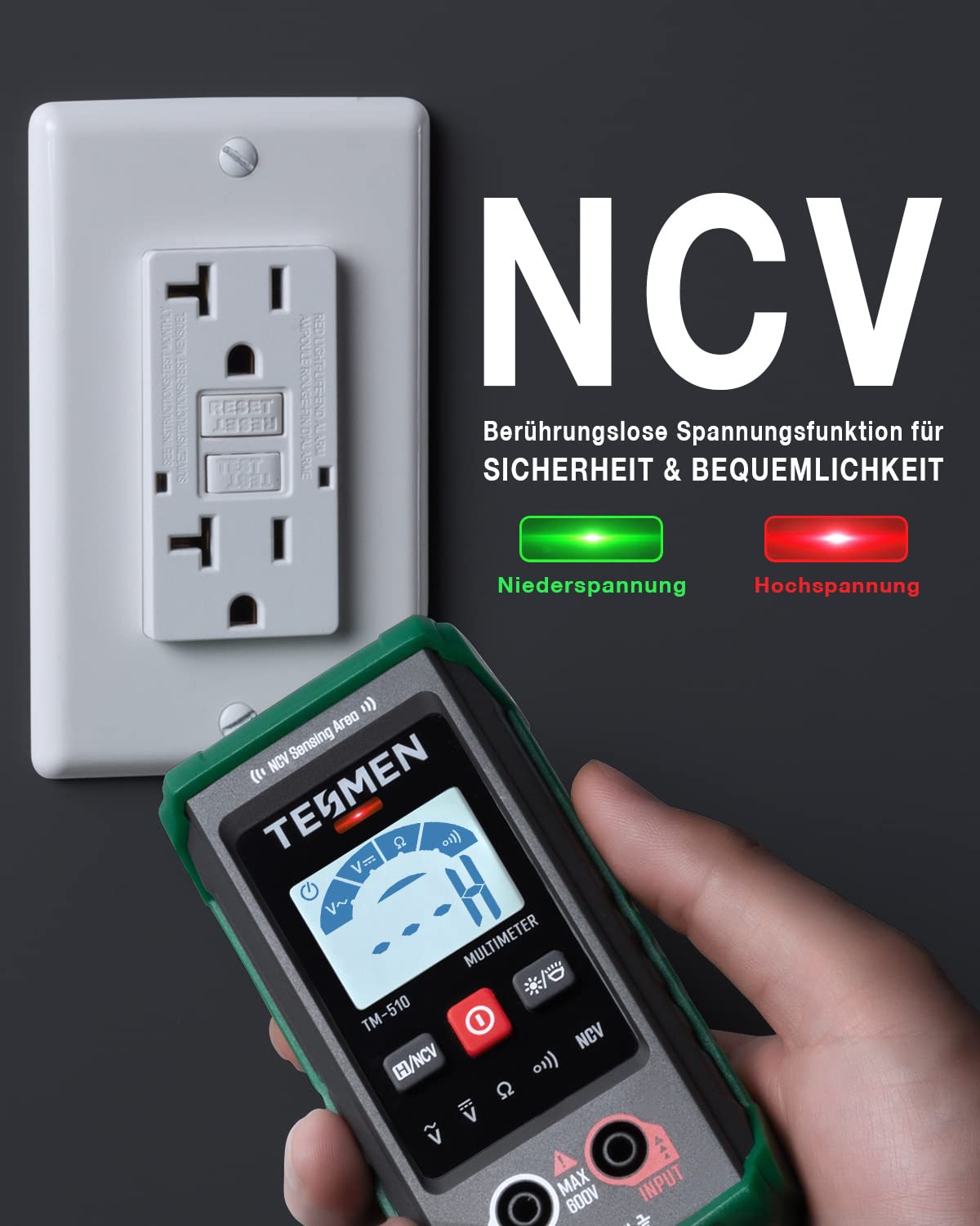TESMEN TM-510 Digital Multimeter, 4000 Zähler Messgerät, Voltmeter mit Automatischem Messbereich, Intelligente Messung; Spannungsprüfer Misst AC/DC-Spannung, Widerstand, Durchgang – Grün