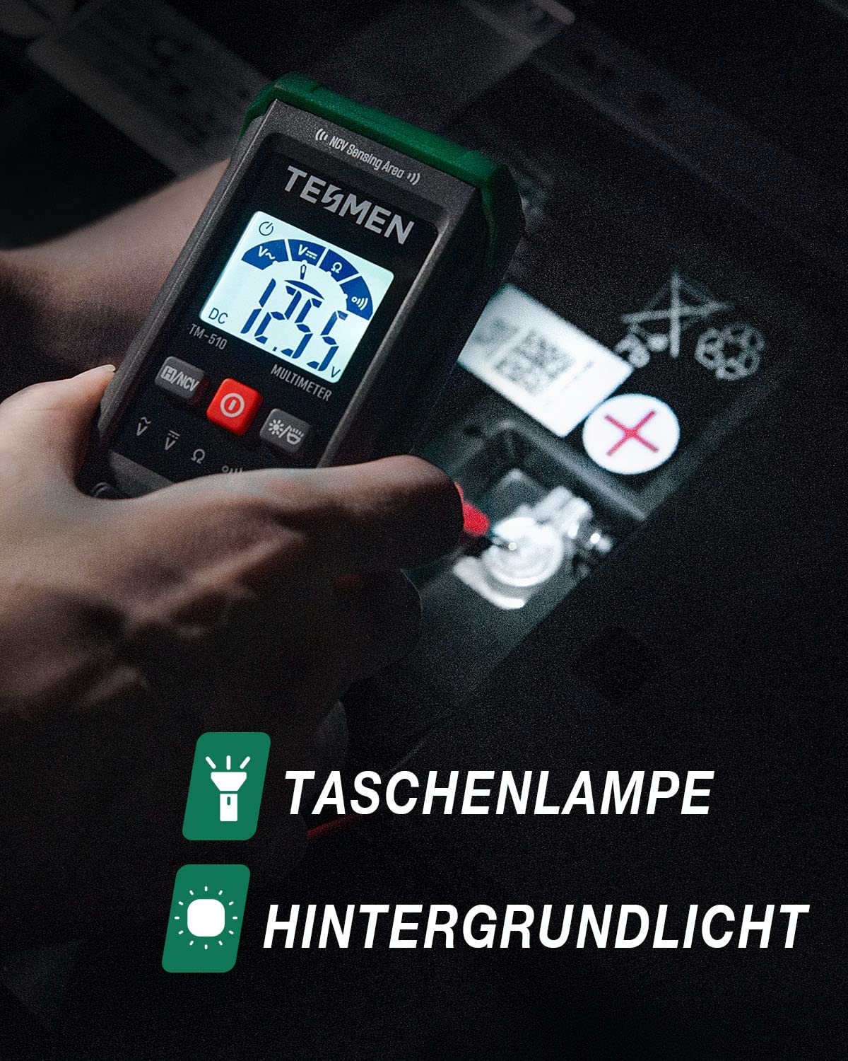 TESMEN TM-510 Digital Multimeter, 4000 Zähler Messgerät, Voltmeter mit Automatischem Messbereich, Intelligente Messung; Spannungsprüfer Misst AC/DC-Spannung, Widerstand, Durchgang – Grün