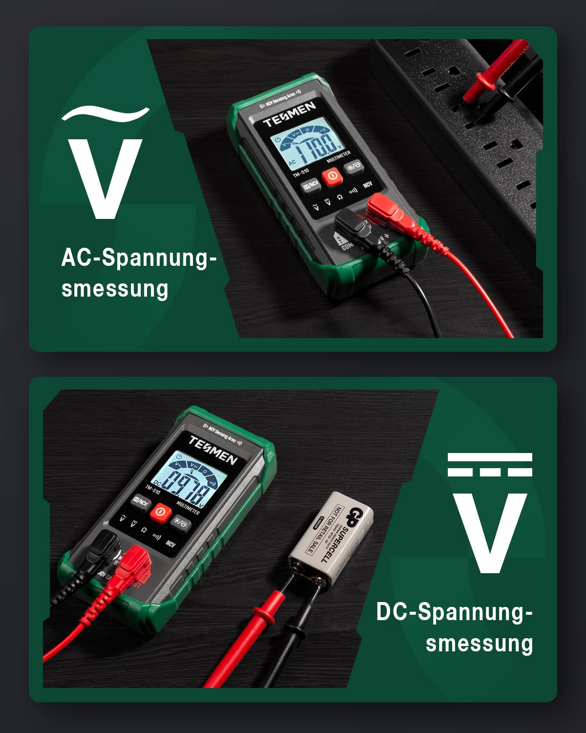 TESMEN TM-510 Digital Multimeter, 4000 Zähler Messgerät, Voltmeter mit Automatischem Messbereich, Intelligente Messung; Spannungsprüfer Misst AC/DC-Spannung, Widerstand, Durchgang – Grün
