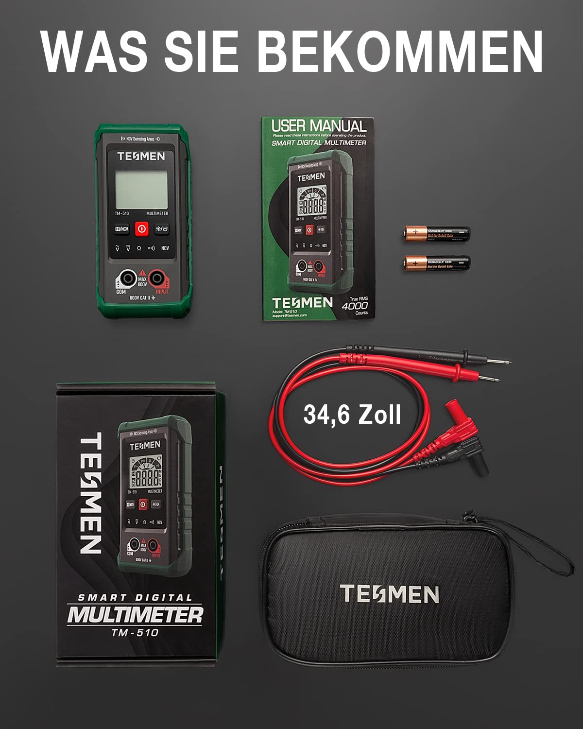 TESMEN TM-510 Digital Multimeter, 4000 Zähler Messgerät, Voltmeter mit Automatischem Messbereich, Intelligente Messung; Spannungsprüfer Misst AC/DC-Spannung, Widerstand, Durchgang – Grün