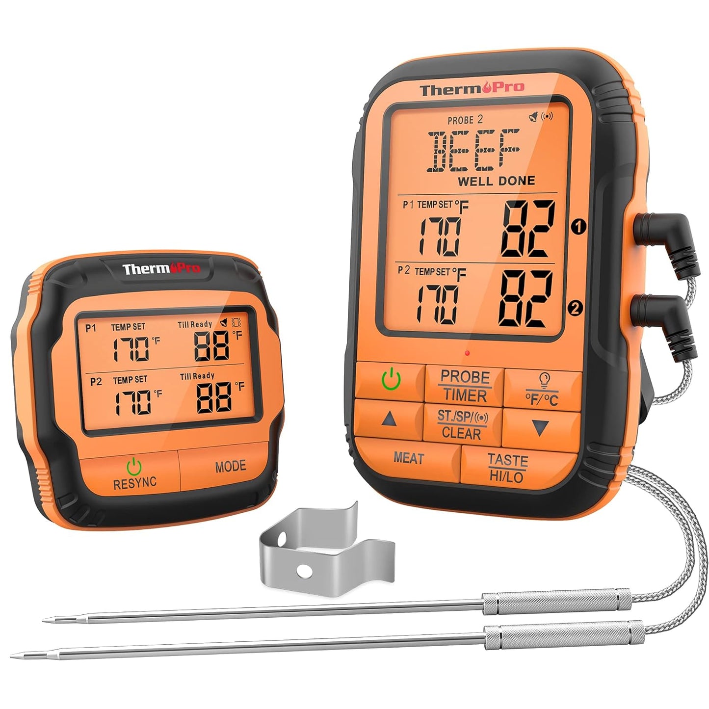 ThermoPro TP28C 150m Funkthermometer Grillthermometer mit 2 Sonden Küchenuhr Fleischthermometer Bratenthermometer IPX4 Wasserdicht für Backofen, Dutch Oven, Gasgrill