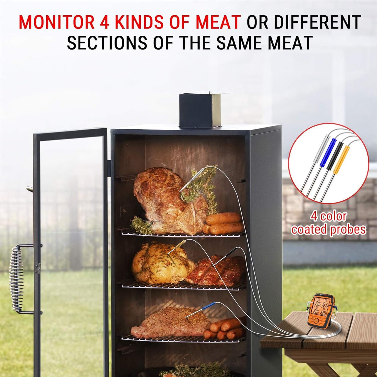 ThermoPro TP27C 150m Funk Grillthermometer mit 4 Sonden IPX4 Wasserdicht große LCD-Anzaige