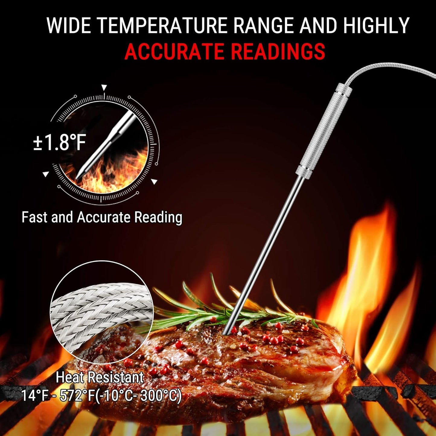 ThermoPro TP27C 150m Funk Grillthermometer mit 4 Sonden IPX4 Wasserdicht große LCD-Anzaige