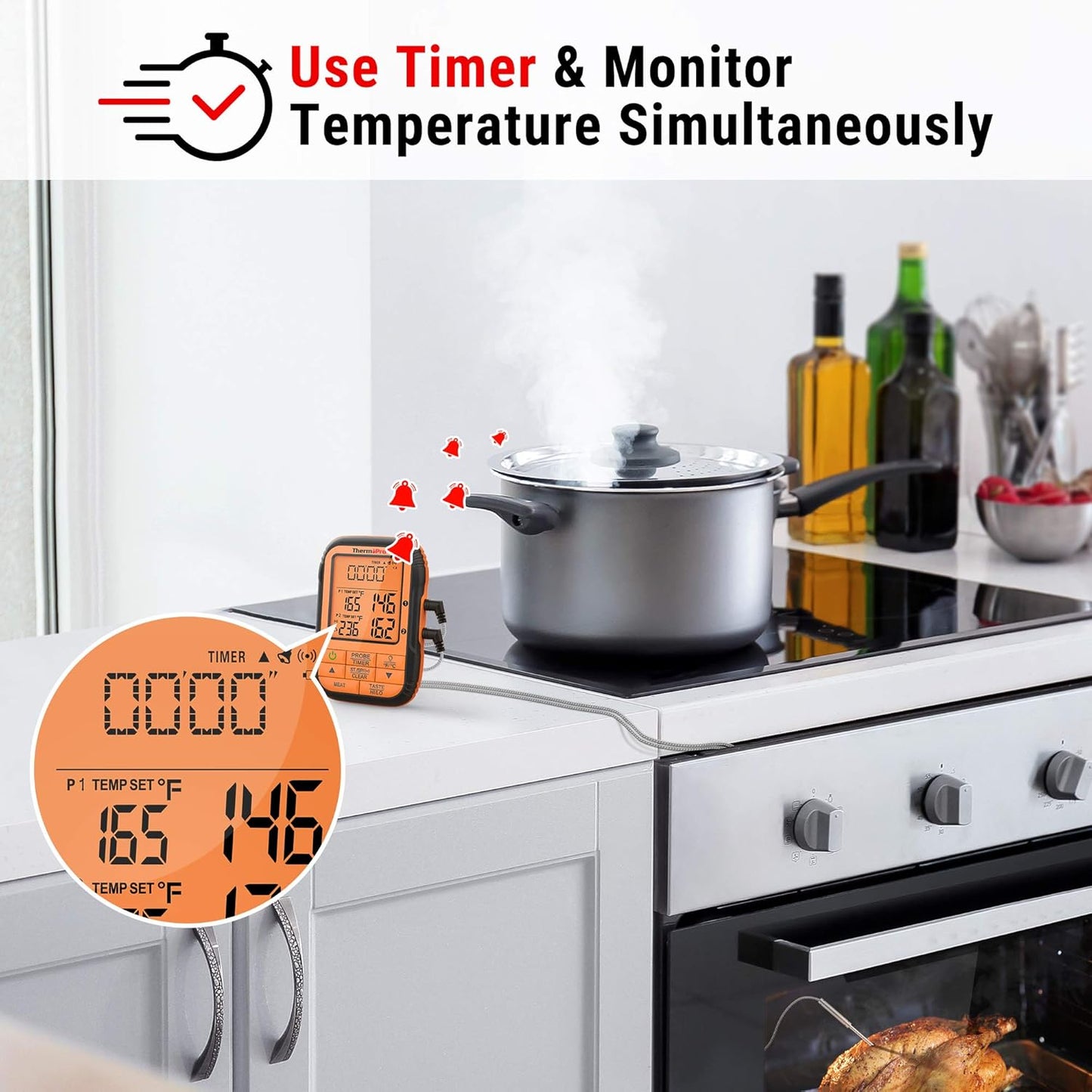 ThermoPro TP28C 150m Funkthermometer Grillthermometer mit 2 Sonden Küchenuhr Fleischthermometer Bratenthermometer IPX4 Wasserdicht für Backofen, Dutch Oven, Gasgrill