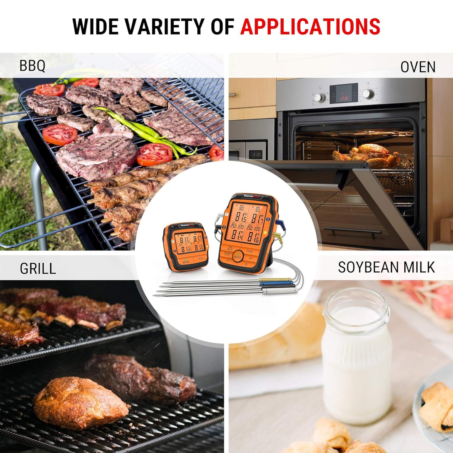 ThermoPro TP27C 150m Funk Grillthermometer mit 4 Sonden IPX4 Wasserdicht große LCD-Anzaige