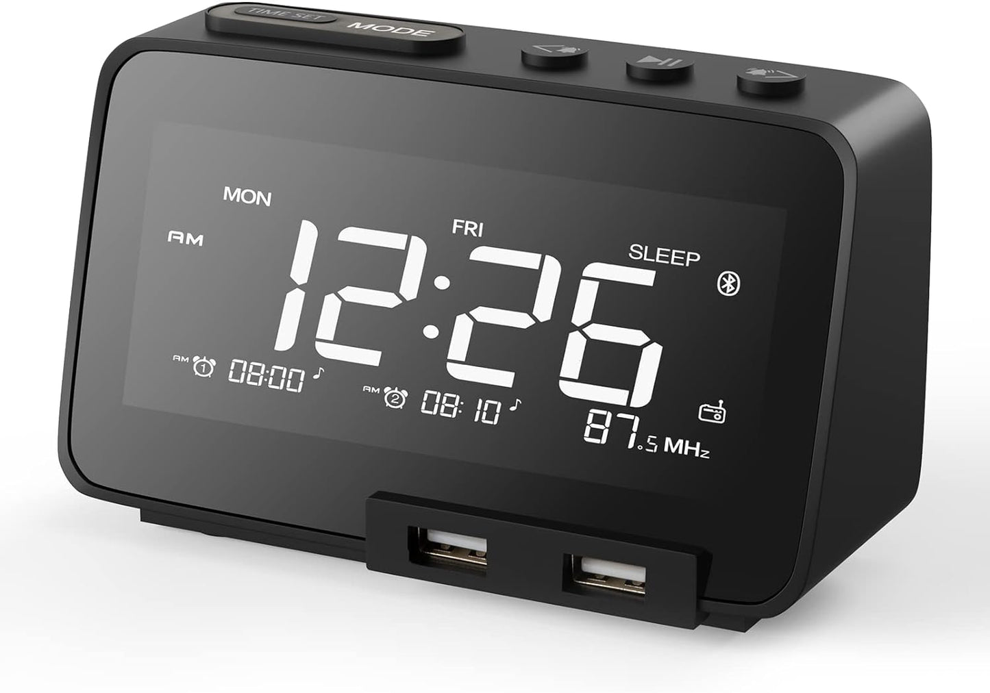 TIFIND Radiowecker mit USB-Anschlüssen, Dual Alarm mit Wochentag/Wochenend, 6 Weckergeräusche, Anpassbare Helligkeitsregulierung, Sleep-Timer,Thermometer, Kleine Größe für Schlafzimmer